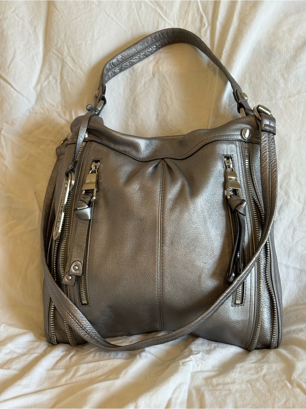 b. makowsky Metallic Gray Silver Leather Shoulder Hobo Bag